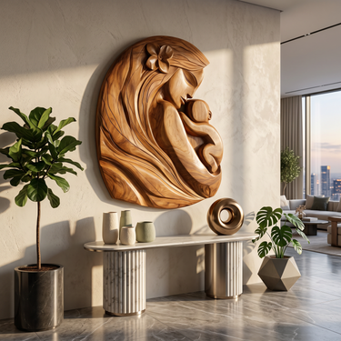 Mother And Child Wall Sculpture With Organic Design For Entryway