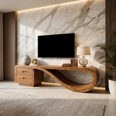 Luxury Sculptural Media Console Marble Accent Wall