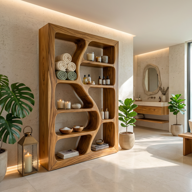 Organic Wooden Storage Shelf For Spa Interiors