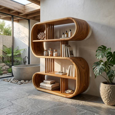 Elegant Curved Wooden Bathroom Shelf With Spa Inspired Design