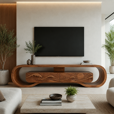 Wooden TV Stand With Carved Ocean Wave For Luxury Home