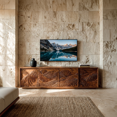 Organic TV Stand With Layered Mountain Carved Doors For Home
