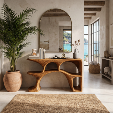 Modern Wooden Console Table With Sculptural Open Shelves For Living