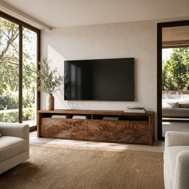 Organic TV Stand With Mountain Relief Doors For Contemporary Living