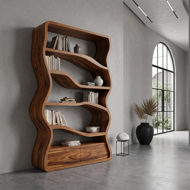 Modern Curved Wooden Bookshelf For Living Room