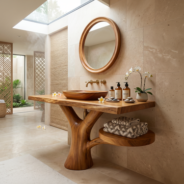 Sculptural Wood Sink Cabinet For Tropical Powder Room
