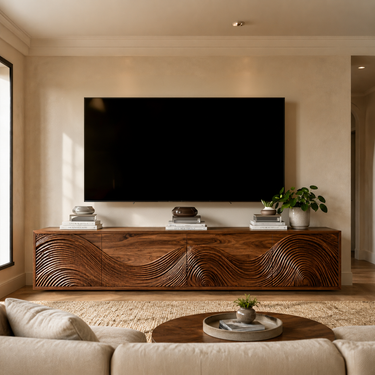Contemporary TV Stand With Flowing Wave Carved Doors For Living