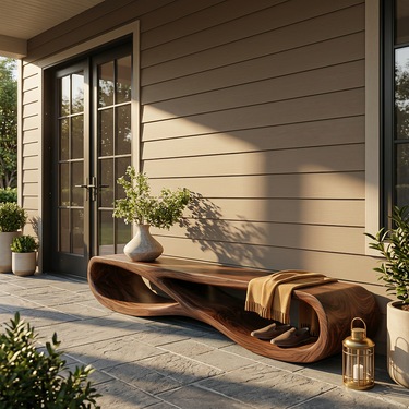 Organic Wooden Bench With Curved Base Form For Entryway Space