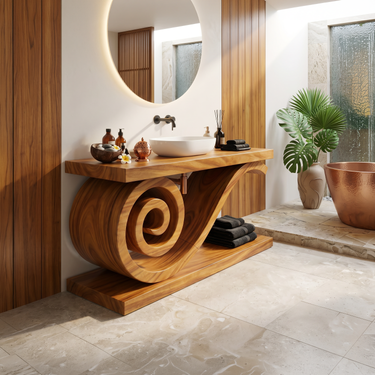 Sculptural Monkeypod Wood Vanity With Vessel Sink Luxury Bathroom