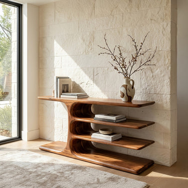Organic Wooden Console Table With Layered Shelving For Hallway