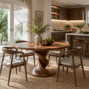 Contemporary Round Dining Table With Twisted Pedestal For Dining Room