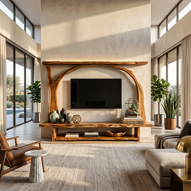 Wooden TV Cabinet With Sculptural Branch Frame For Modern Living