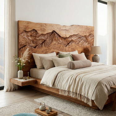 Rustic Mountain Relief Wood Headboard For Luxury Bedroom Interior