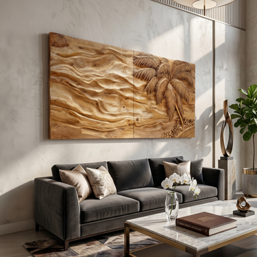 Tropical Modern Palm Wood Wall Art Neutral Living Room Decor