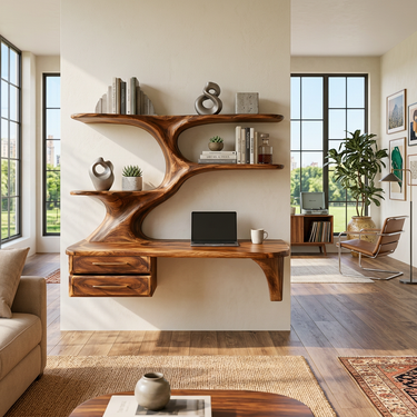 Organic Wooden Floating Desk With Branch Bookshelves For Home Office