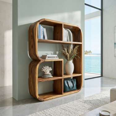 Modern Curved Wooden Bookshelf In Coastal Style