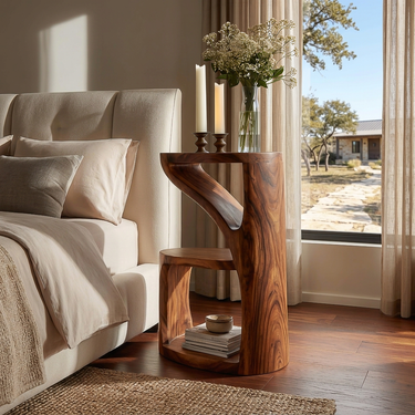 Elegant Wooden Nightstand With Sculptural Two Level For Bedroom