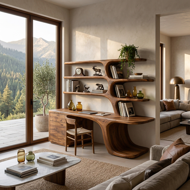 Modern Wood Desk With Built In Bookshelves For Workspace
