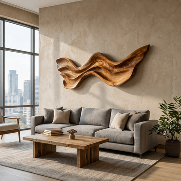 Mid Century Wooden Wall Art With Carved Wave For Living