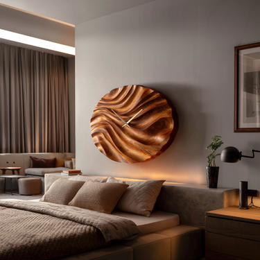Organic Wood Wall Clock With Flowing Wave For Bedroom Interior