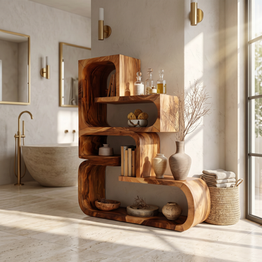 Contemporary Wave Edge Wooden Bookcase In Natural Finish