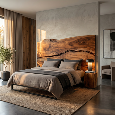 Modern Live Edge Wood Headboard For Warm Minimalist Bedroom