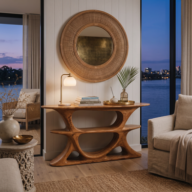 Organic Console Table With Multi Level Cutout Shelves For Living