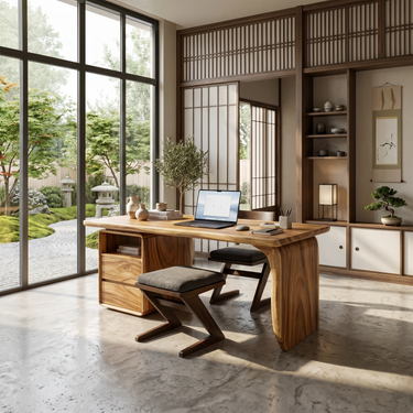 Japandi Study Desk With Curved Legs For Zen Office Room