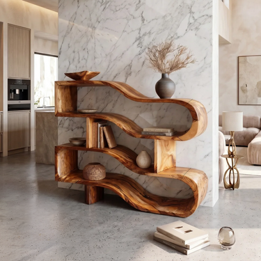 Modern Architectural Wooden Display Shelf With Floating Curves