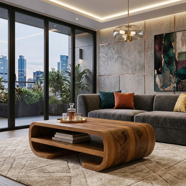 Contemporary Organic Coffee Table With Storage Shelf For Living