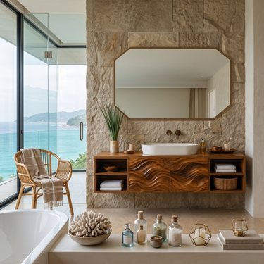 Organic Floating Bathroom Vanity With Open Shelves For Contemporary Bathroom