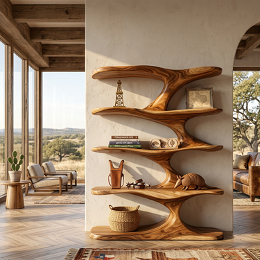 Natural Wood Bookshelf With Decorative Open Shelving For Living Room