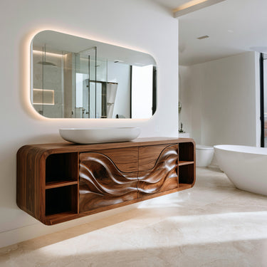 Organic Floating Bathroom Cabinet With Open Shelves For Spa Bathroom