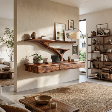 Wall Mounted Wood Desk With Upper Shelves For Home Office