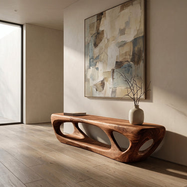 Organic Wood Bench With Hollow Base For Living Room