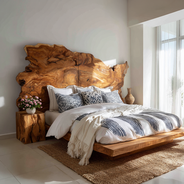 Organic Natural Wood Headboard For Minimalist Japandi Bedroom Design