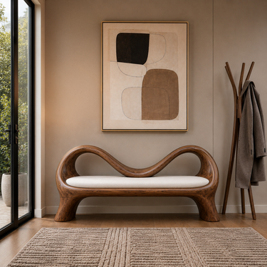 Handcrafted Bench With Undulating Backrest For Organic Entryway