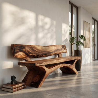 Contemporary Wooden Bench With Live Edge Backrest For Living Room