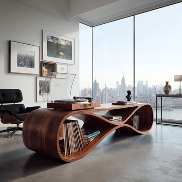 Contemporary Wooden Record Cabinet Curved Design For Living Room
