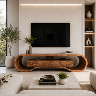Contemporary Curved Wooden TV Stand For Luxury Interiors