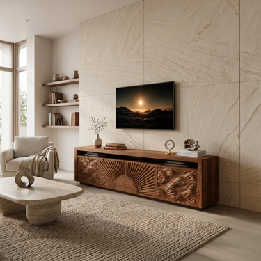 Luxury TV Stand With Sun And Ocean Carved Doors For Living