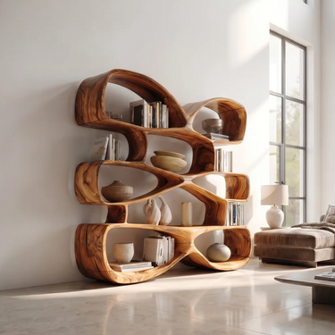 Contemporary Biomorphic Wooden Bookshelf In Fluid Design