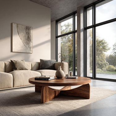 Modern Round Wood Coffee Table With Unique Base For Living