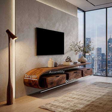 Minimal Curved Floating TV Console With Drawers For Living