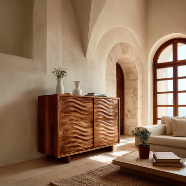 Modern Wooden Sideboard With Flowing Wave Doors For Living