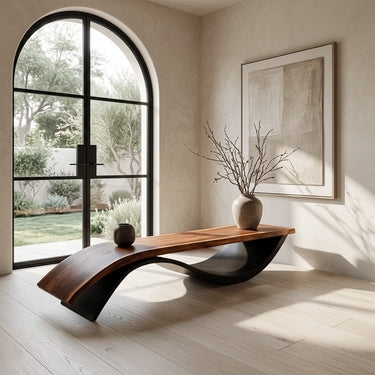 Handcrafted Wooden Bench With Unique Undulating Form For Living Room