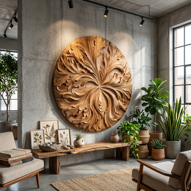 Round Wood Wall Decor With Floral Texture For Foyer