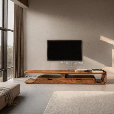 Handcrafted Organic Curved TV Shelf With Drawers For Living Decor