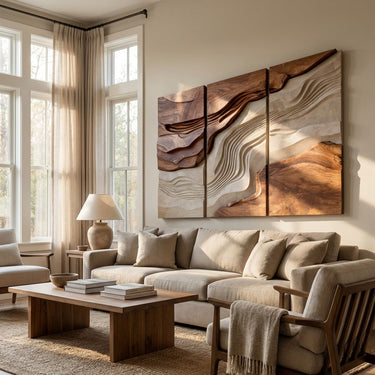 Large Triptych Wooden Wave Wall Art For Living Room