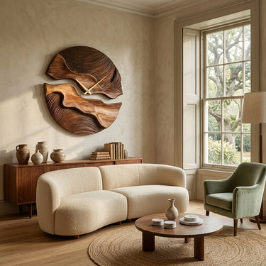 Organic Wooden Wall Clock With Unique Form For Living Room